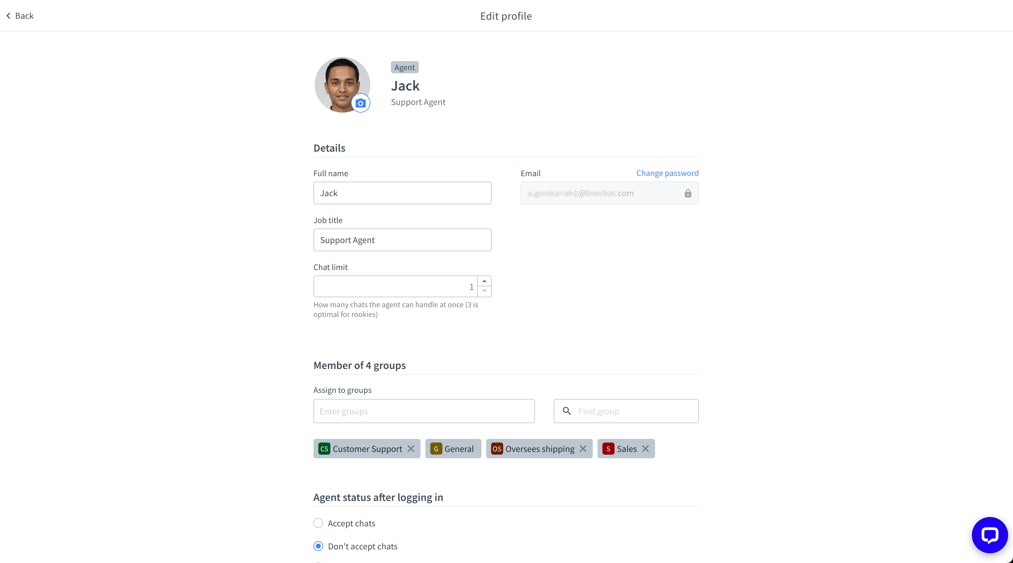Edit agent profile in LiveChat